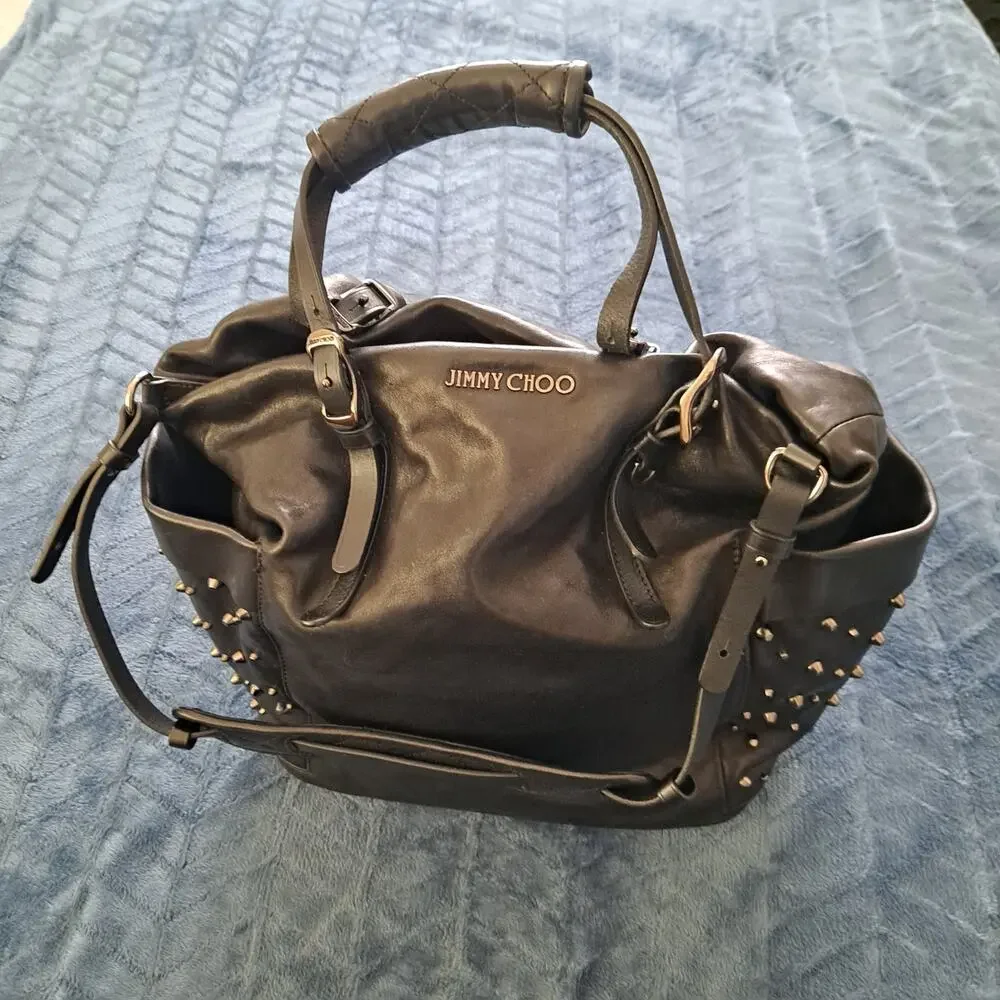 Jimmy Choo Blare Studded Shoulder Purse Satchel Tote Bag Black Glossy Leather